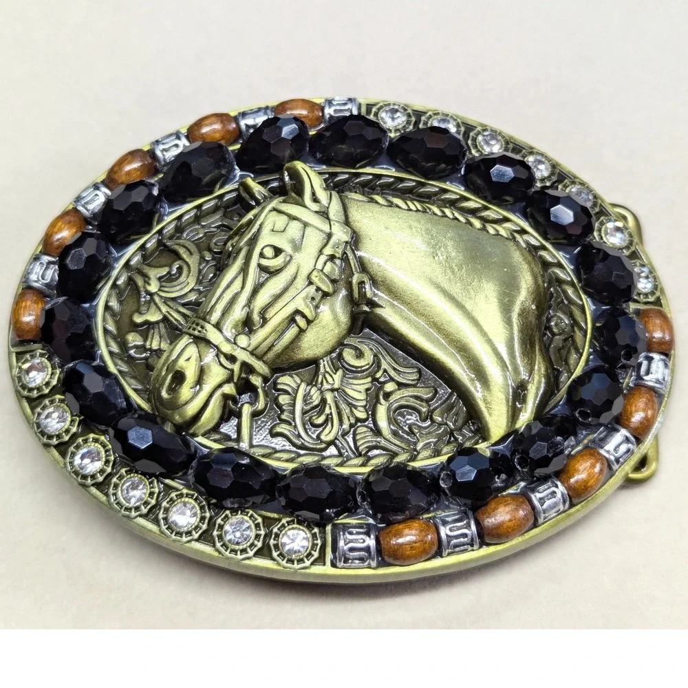 New Horse Head Belt Buckle Gold Tone Black Faceted Beads Clear Rhinestone Beaded